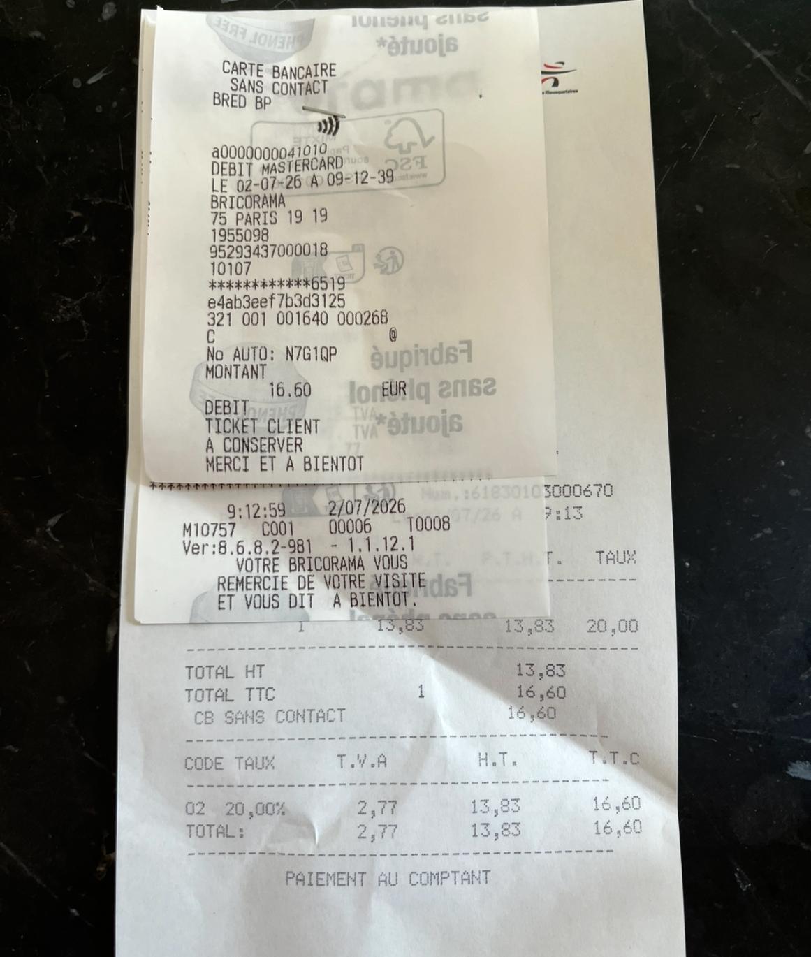 Ticket de caisse : la même pièce, un groupe de sécurité NF, achetée 16,60 € TTC en magasin de bricolage